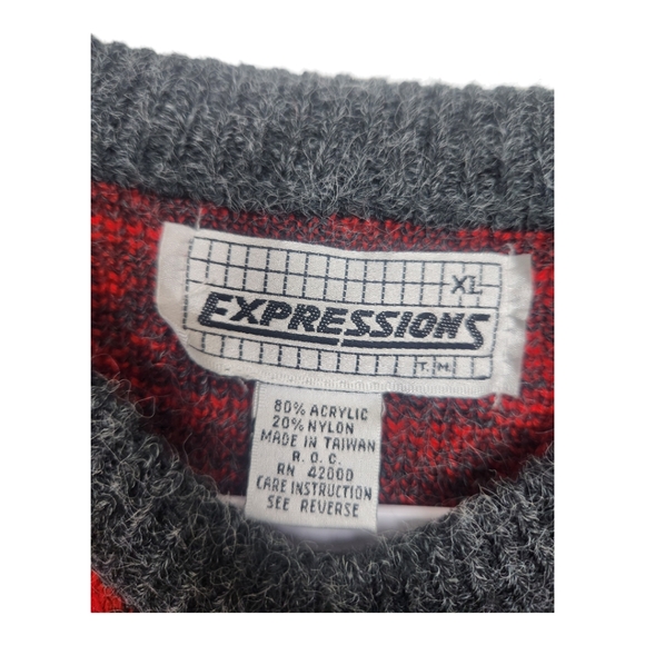 90s Vintage XL Aztec Print Crewneck Pullover Sweater Expressions Men Grey Red - Picture 2 of 6